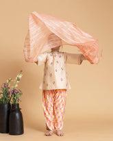 LAAD Kids' Cream Embroidered Kurta Set – a delicate floral kurta with pastel checkered Patiala and a sheer pink dupatta for a festive charm