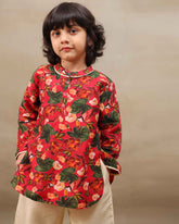 Laad`s Child wearing a floral print gul bagh kurta pyjama set full-sleeve embroidered kurta set, perfect festive wear for boys . Handcrafted in laadindia best kids wear shops in india.