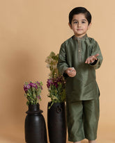 oyal Moss Green Bandhgala Kurta Pyjama - Festive elegance. 2-piece set. Bandhgala collar, full sleeves. Knee-length kurta with badla work. Soft cotton lining perfect for baby skin by laadindia.com