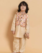 LAAD Kids' Beige Kurta Set with Printed Nehru Jacket – a timeless ethnic ensemble featuring intricate embroidery and a floral jacket for a regal touch