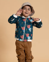 Keep your child warm & stylish this winter. Soft cotton, extra insulation for chilly adventures. Golden zippers add a touch of class. A true statement piece! REINDEER BOMBER HACKET