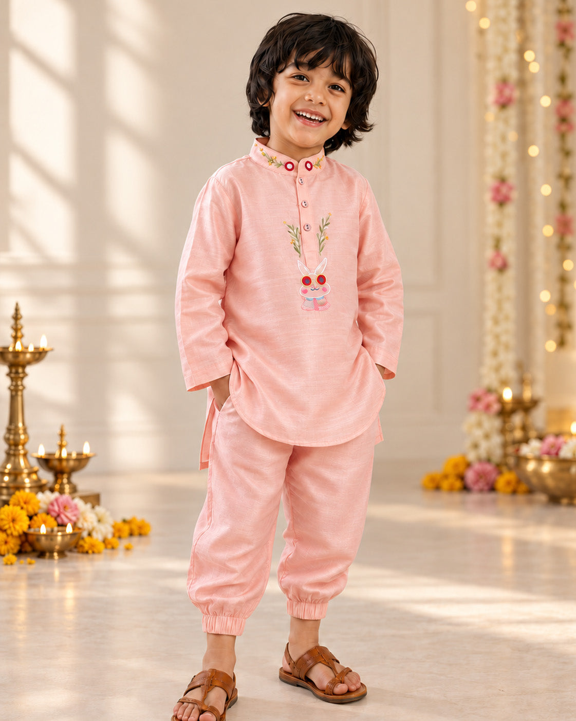 Rosy Blush kurta payama with neon embroidery and bandh gala style, featuring sequins for a stylish and fun festive outfit.