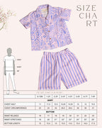 Aline fun print half-sleeve ameba co-ord boy`s holiday shirt and shorts  featuring wooden buttons and stylish strips . A perfect boy`s matching co-ord set and girls co-ord set .