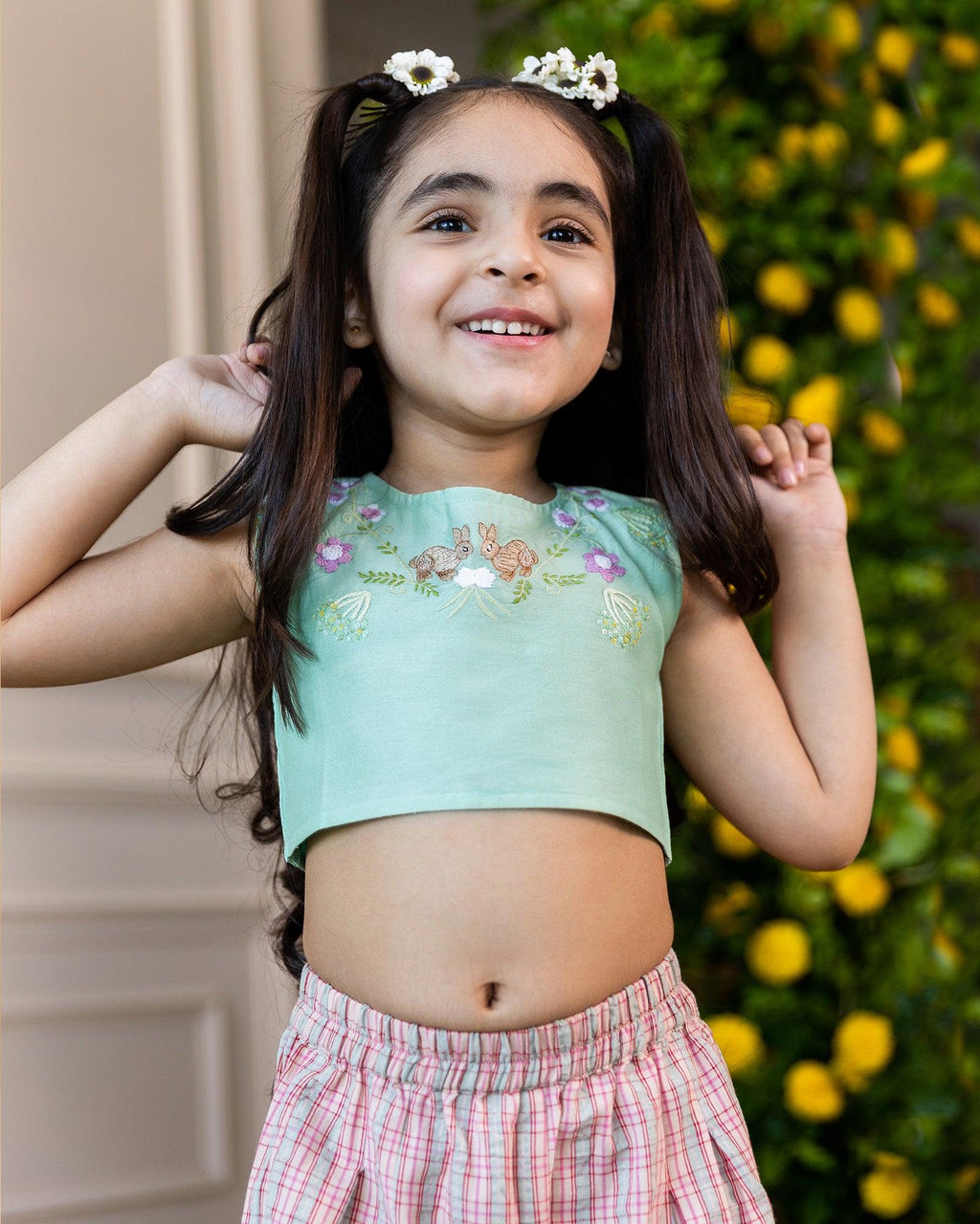 Blooming Meadow Co-ord Set: Sleeveless silk Chanderi crop top with bunny embroidery, a long coat with a meadow-print collar, and breezy culottes