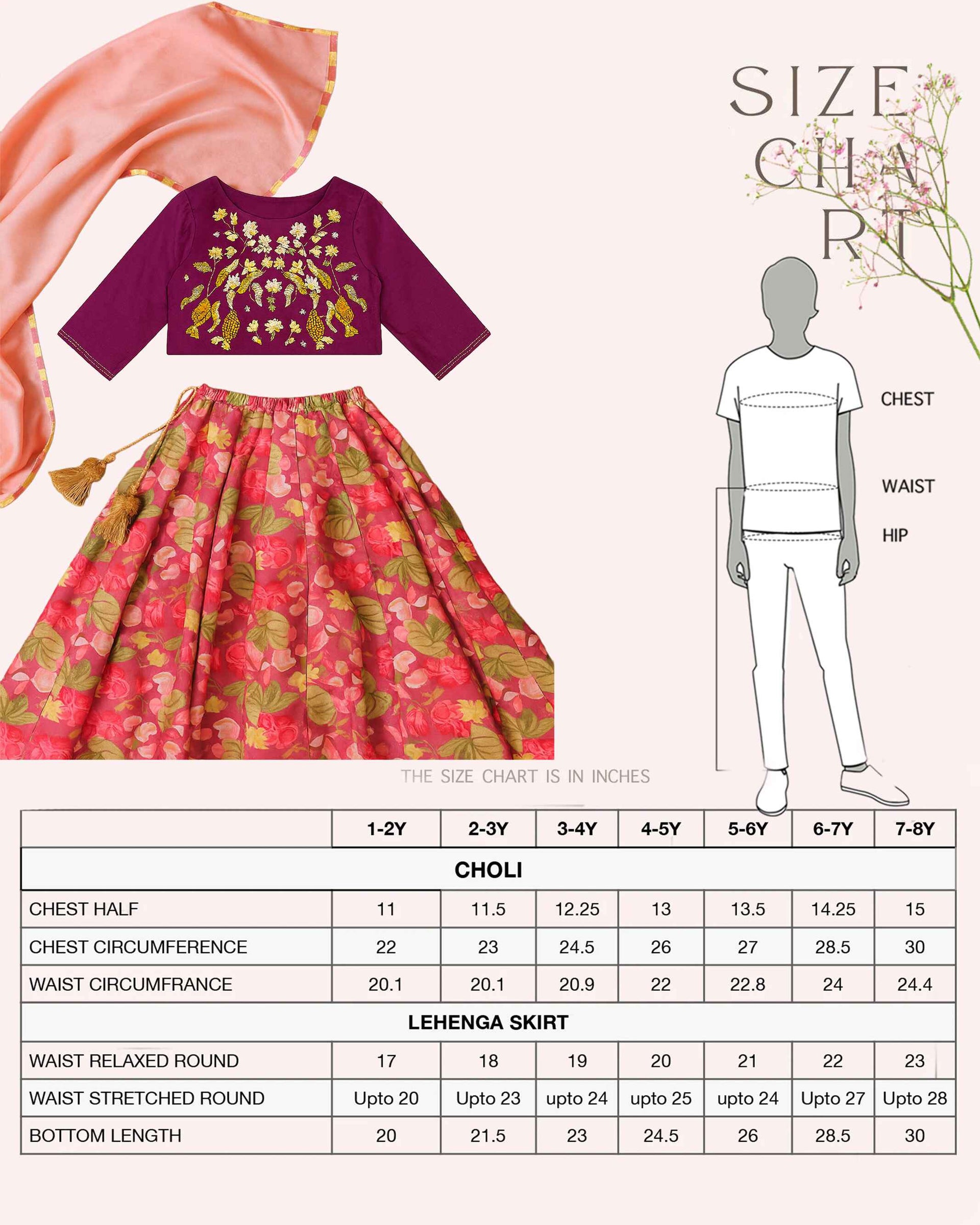 girls purple lehenga choli with chunni size guide by laadindia.