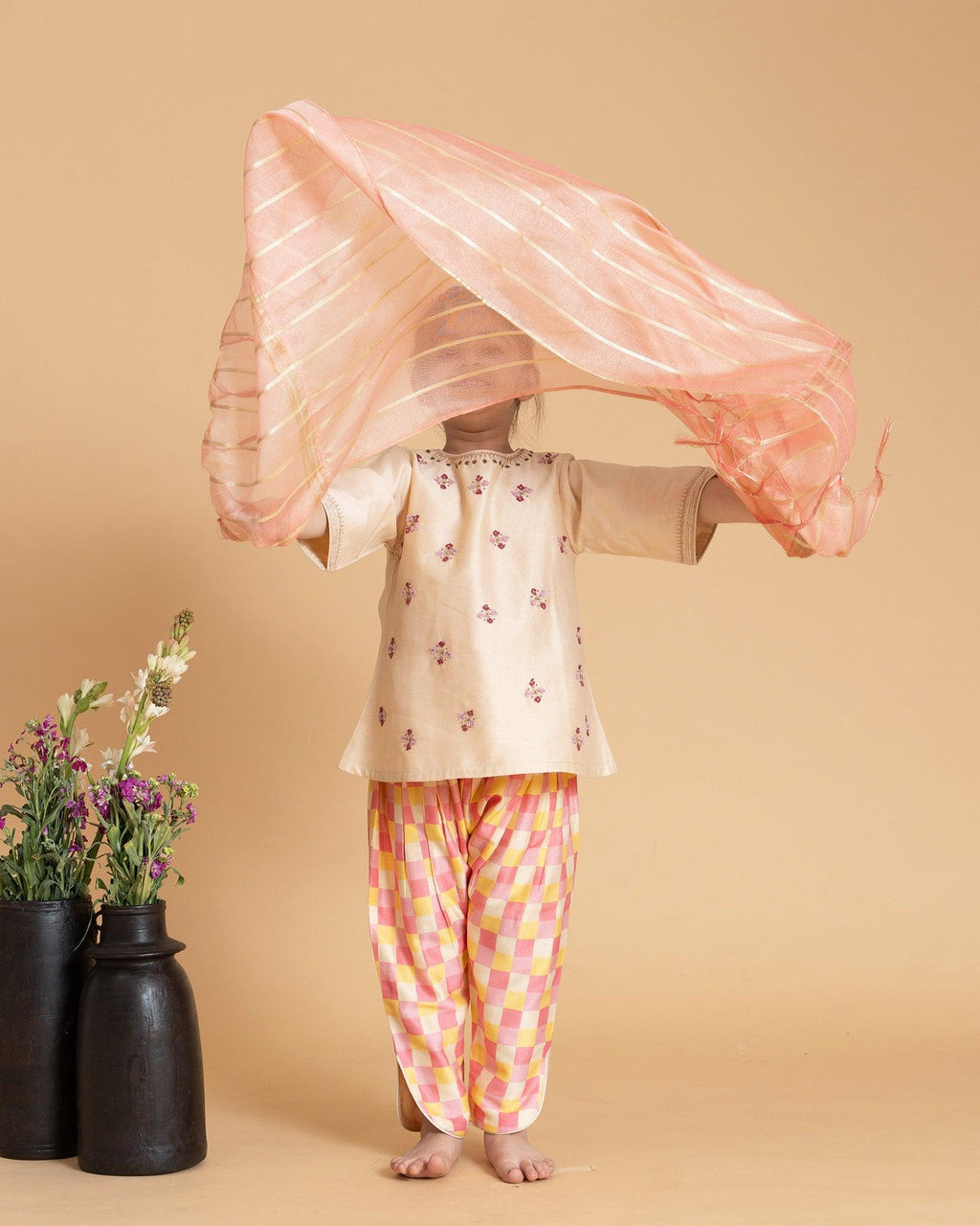 LAAD Kids' Cream Embroidered Kurta Set – a delicate floral kurta with pastel checkered Patiala and a sheer pink dupatta for a festive charm