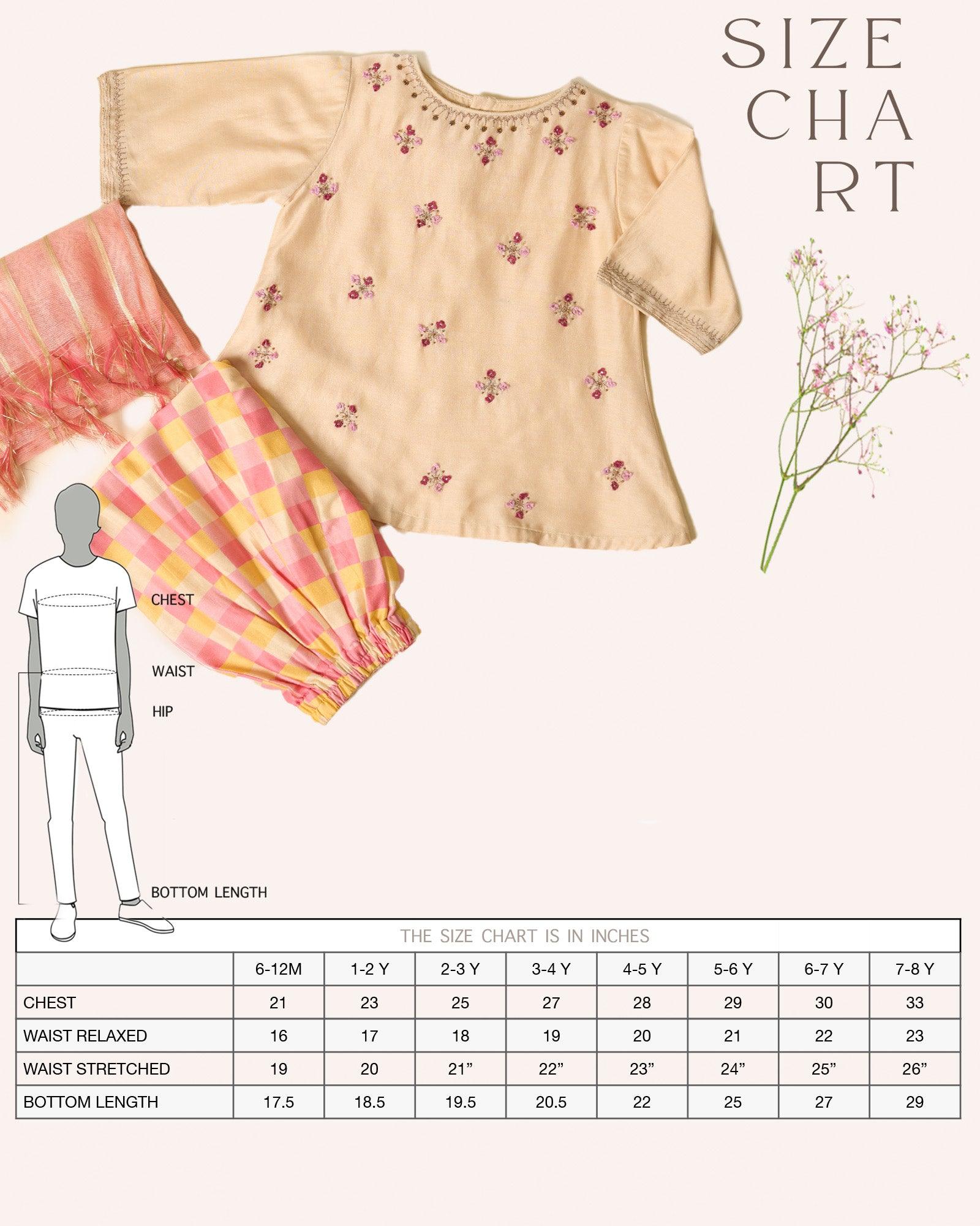 LAAD Kids' Cream Embroidered Kurta Set – a delicate floral kurta with pastel checkered Patiala and a sheer pink dupatta for a festive charm