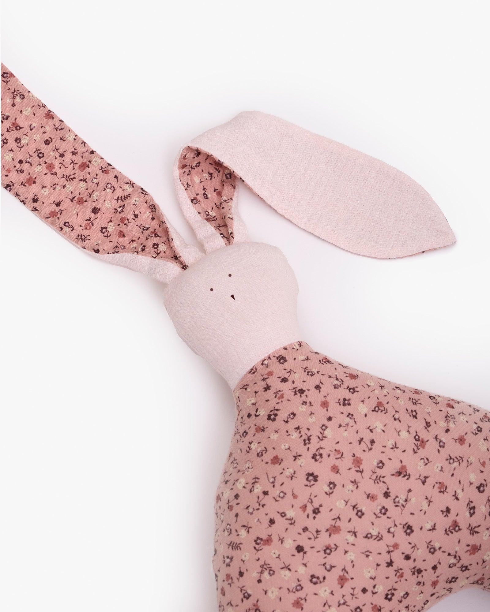 Handcrafted soft ella toy in blush pink floral fabric with long ears – safe and cuddly gift for babies and toddlers by LAAD"