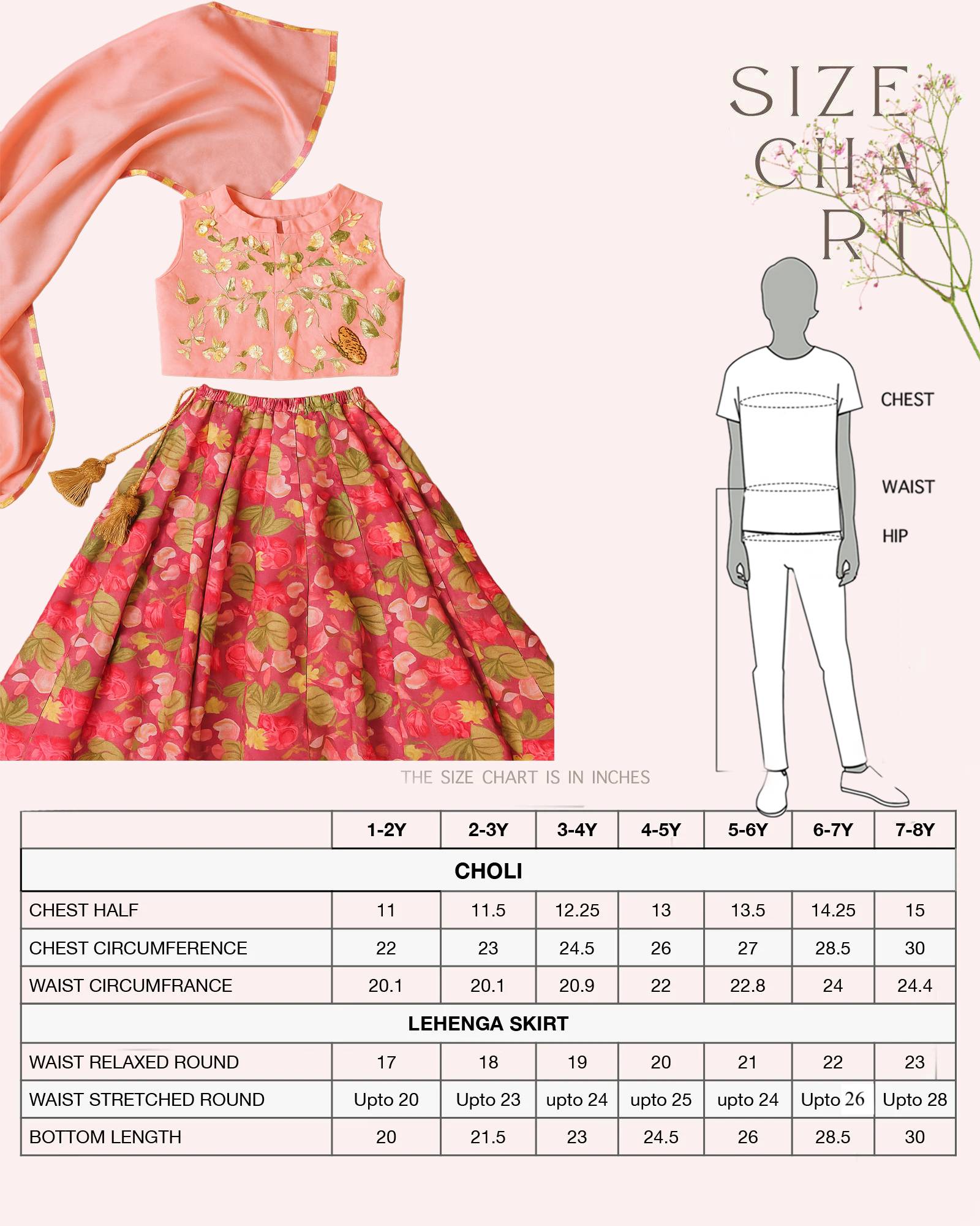 cunnari lehenga for laadli clothing made by laadindia . size guide of festive ethnic kids clothing by laadindia