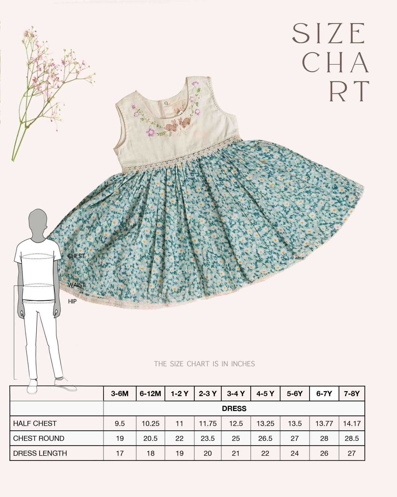 lora dress has embroidered bunnies hop on the hand-stitched neckline. Cotton lace yoke adds charm. Breezy & comfy for warm days. Easy click-button back. SummerStyle