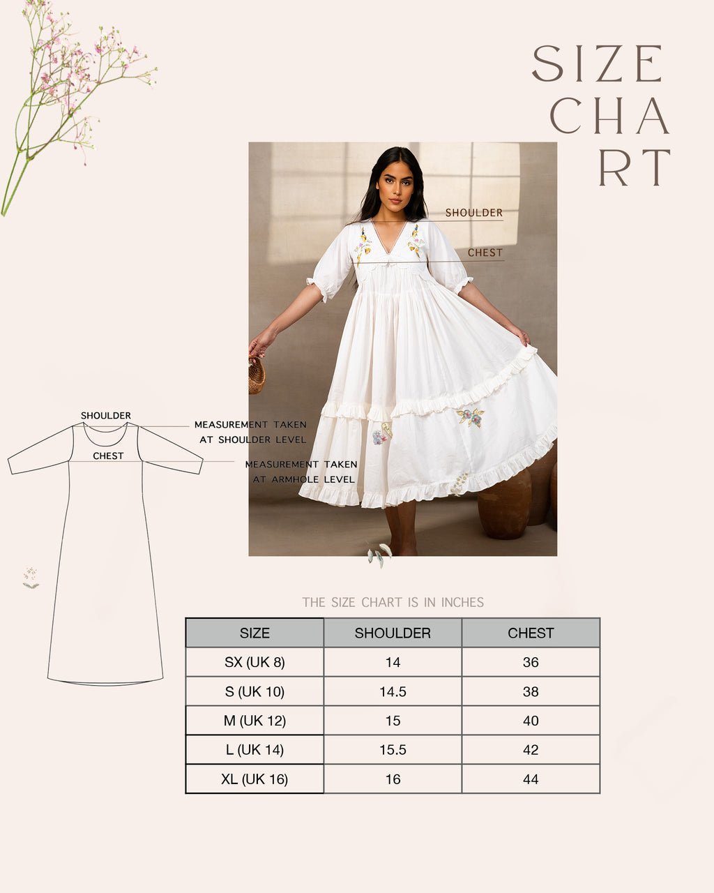 Woman wearing laad`s  white cotton midi dress with floral embroidery, scalloped neckline, and ruffled hem