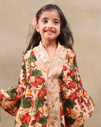 Girl wearing GLUBAGH PEACH SHARARA a handcrafted floral red kimono style top with embroidered neckline and flared ivory sharara pants – its perfect traditional kurta pyjama , kids ethnic wear by LAAD