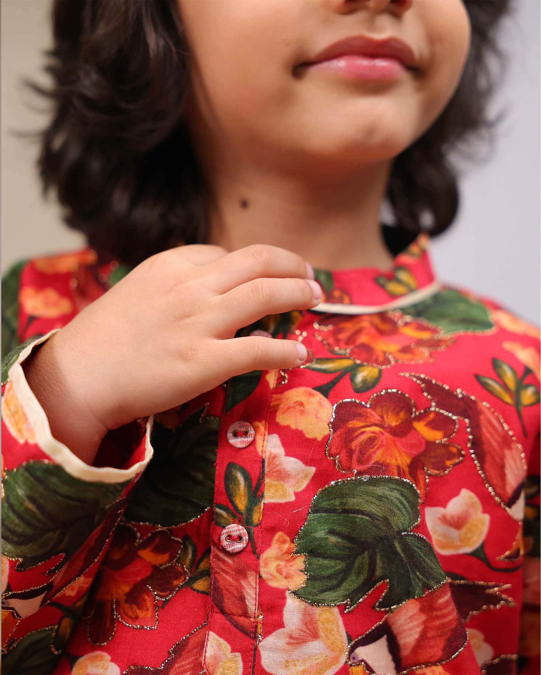 Laad`s Child wearing a floral print gul bagh kurta pyjama set full-sleeve embroidered kurta set, perfect festive wear for boys . Handcrafted in laadindia best kids wear shops in india.
