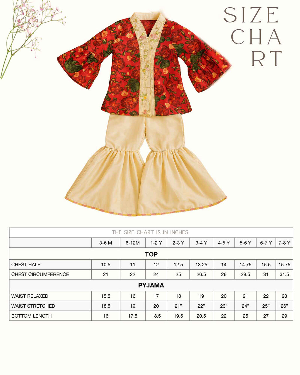 Girl wearing a handcrafted floral red kimono style party wear sharara with embroidered neckline and paired with  flared ivory sharara pants – perfect girls festive kidswear, occasion and celebration wear by LAADindia.
