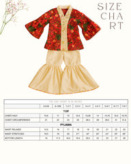 Girl wearing GLUBAGH SHARARA a handcrafted floral red kimono style top with embroidered neckline and flared ivory sharara pants – ethnic festive kidswear by LAAD
