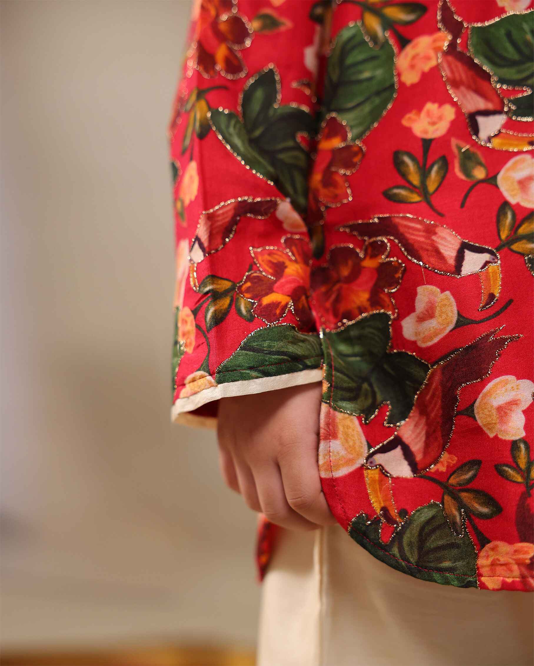 Laad`s Child wearing a floral print gul bagh kurta pyjama set full-sleeve embroidered kurta set, perfect festive wear for boys . Handcrafted in laadindia best kids wear shops in india.