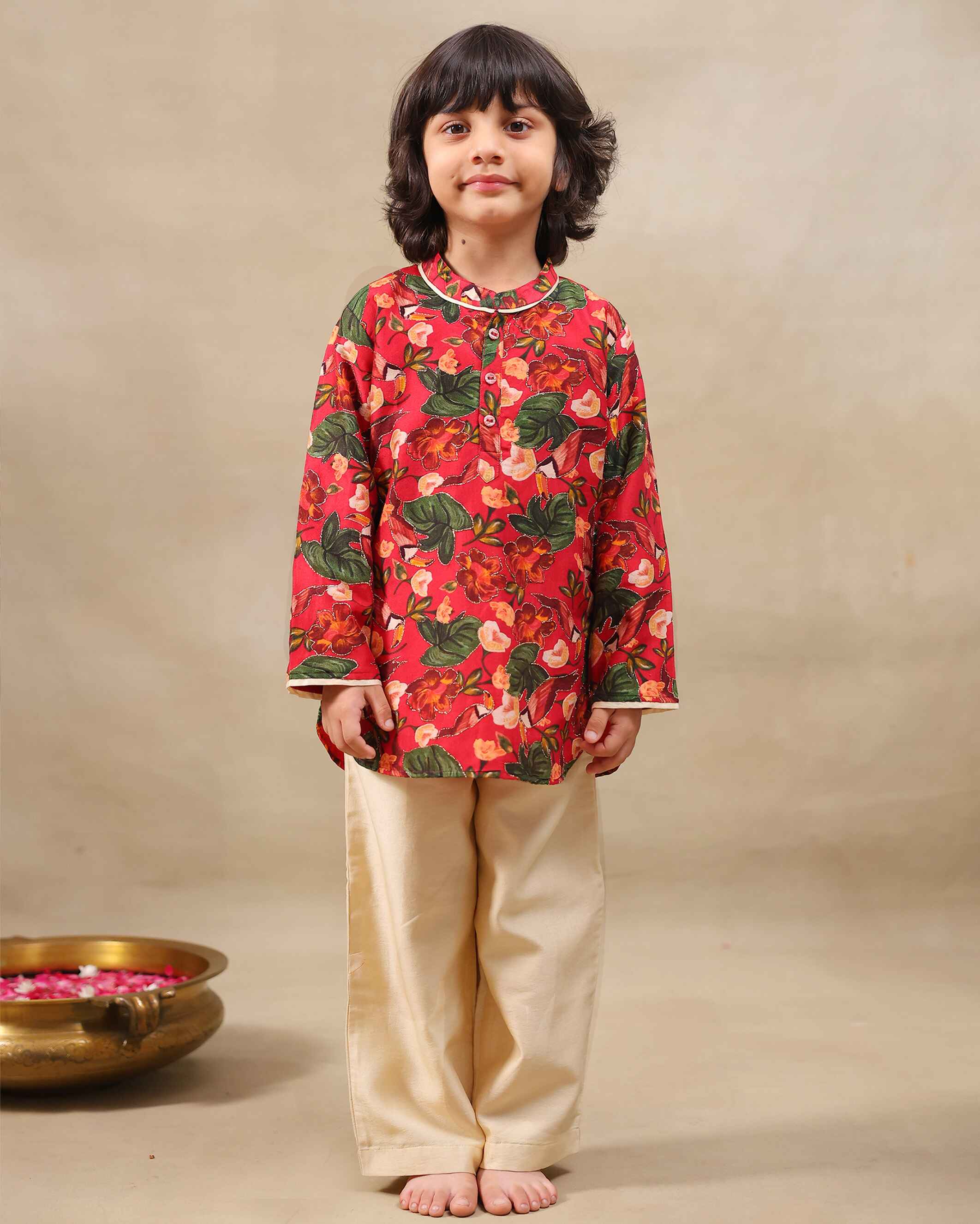 Laad`s Child wearing a floral print gul bagh kurta pyjama set full-sleeve embroidered kurta set, perfect festive wear for boys . Handcrafted in laadindia best kids wear shops in india.