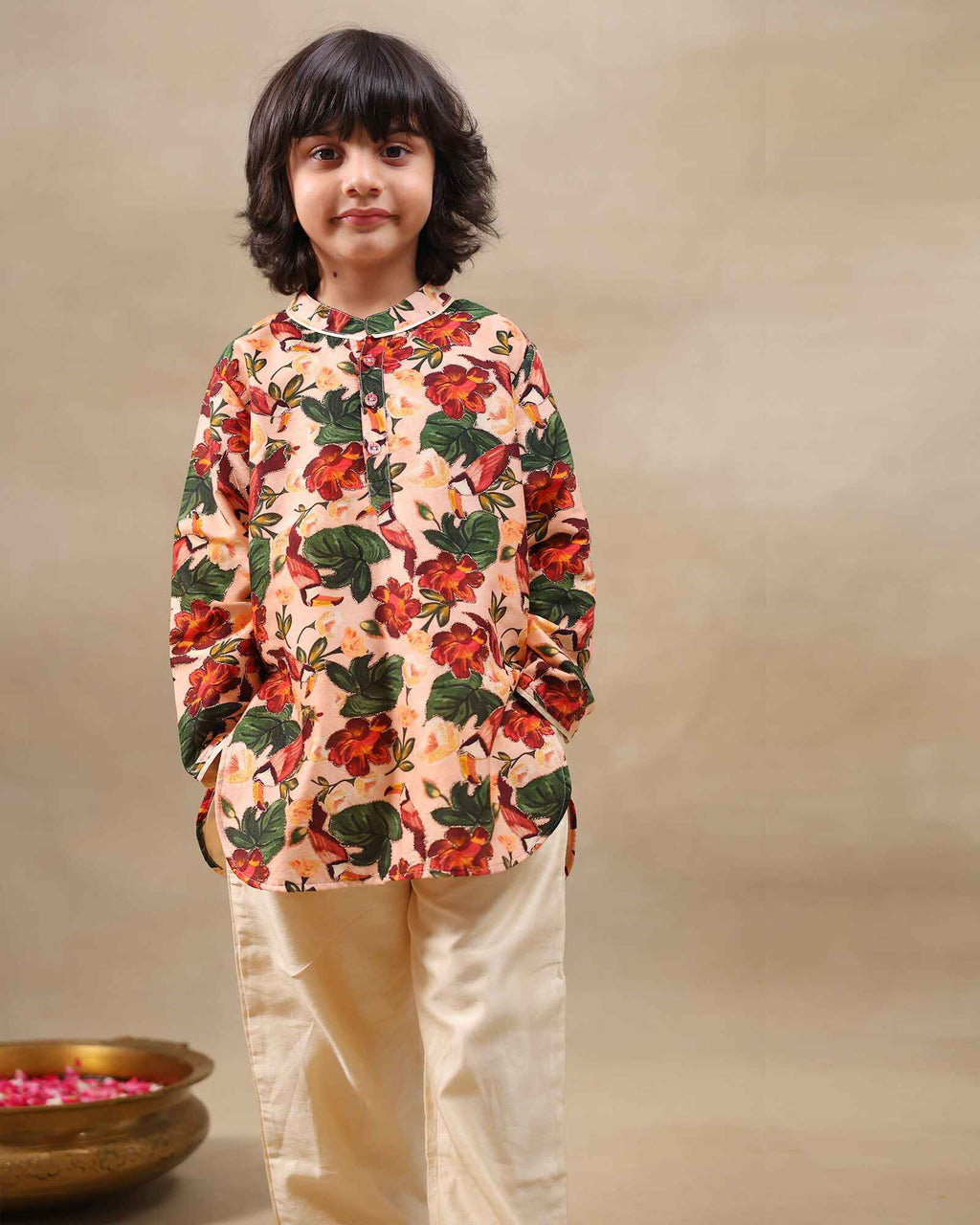 Laad`s Child wearing a floral print gul bagh kurta pyjama set full-sleeve embroidered kurta set, perfect festive wear for boys . Handcrafted in laadindia best kids wear shops in india.