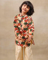 Laad`s Child wearing a floral full-sleeve kurta pyjama set, beige pyjama  with pocket kurta with badla work all over