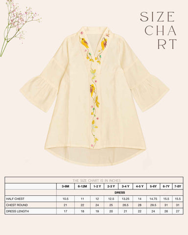 Little girl in a white hand-embroidered A-line kids party dress with flared sleeves and colorful bird and floral detailing, holding a wicker basket.
