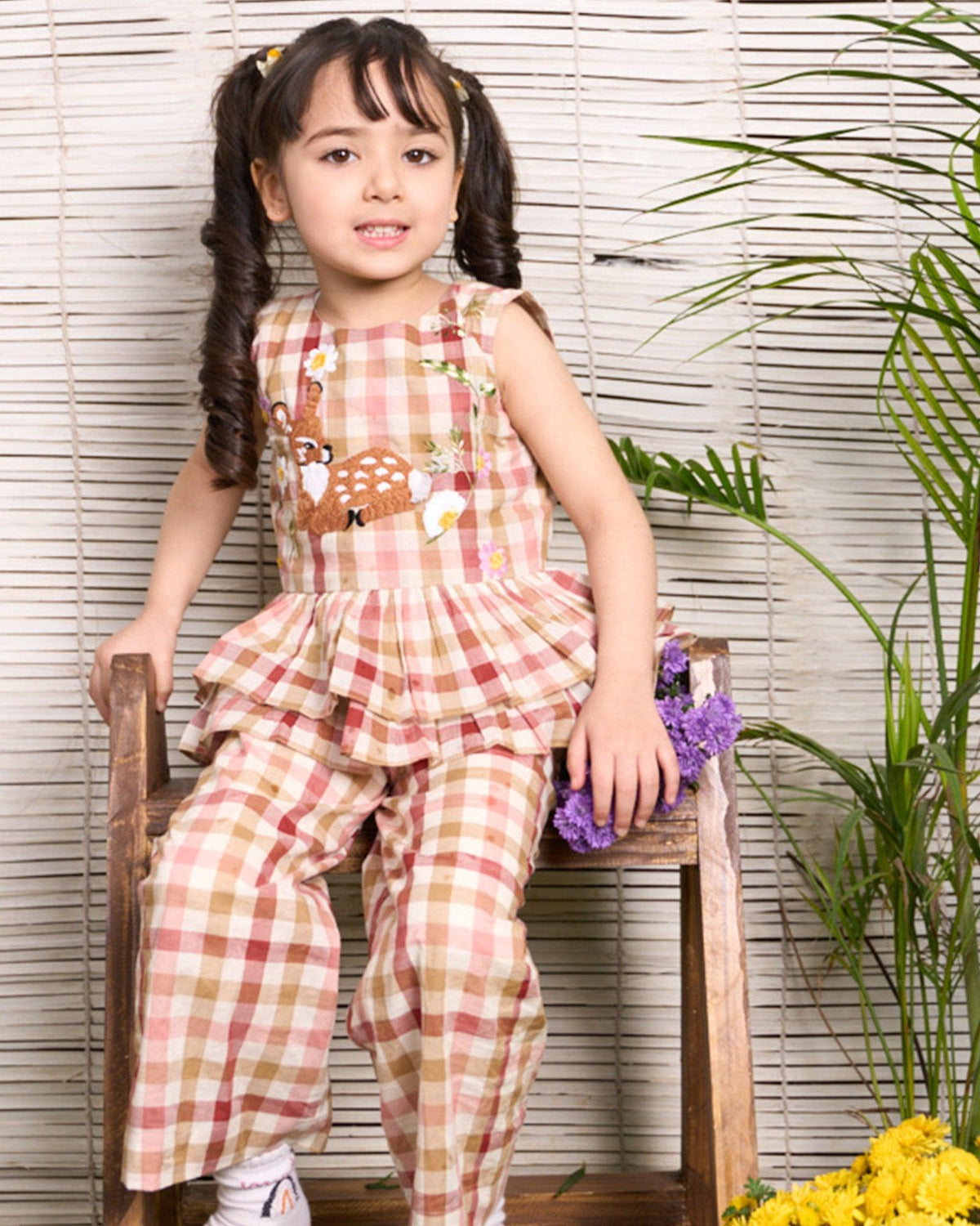 Timeless look ! Our Little Bambi co-ord features hand-embroidered Bambi, peplum top & comfy pants. Soft fabric, gentle on skin. 