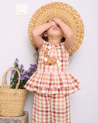 Timeless look ! Our Little Bambi co-ord features hand-embroidered Bambi, peplum top & comfy pants. Soft fabric, gentle on skin. 