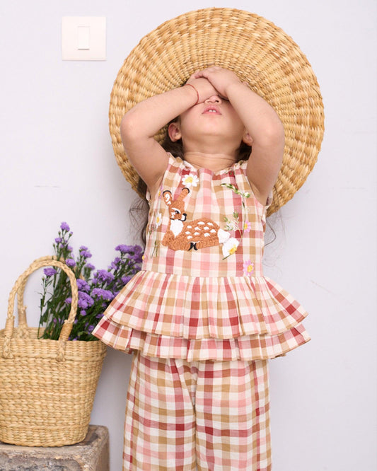  Little Bambi co-ord features hand-embroidered Bambi, peplum top & comfy pants. Soft fabric, gentle on skin. 