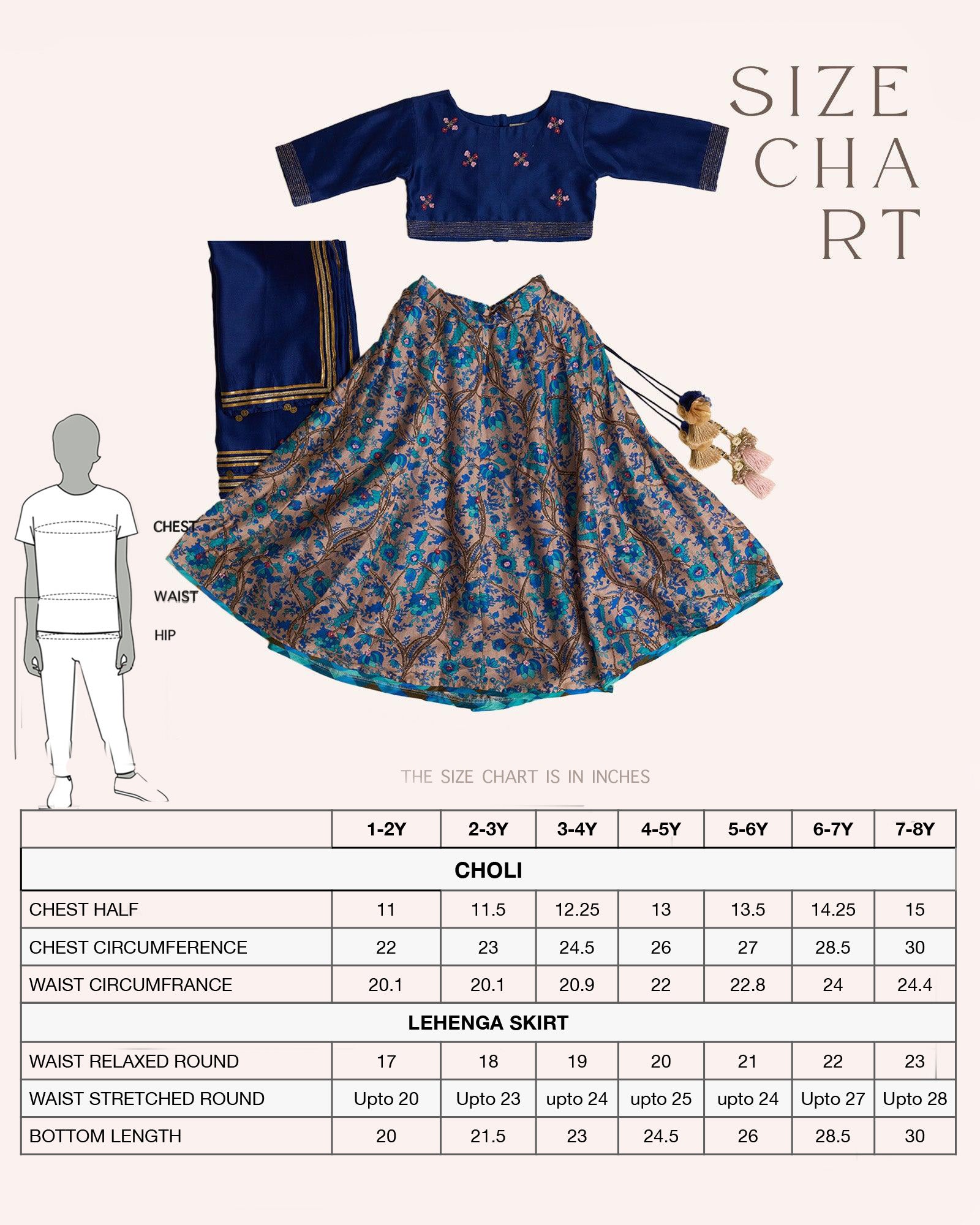 Girl in a royal blue Midnite Phulwari lehenga embroidered blouse with intricate detailing, paired with a floral printed lehenga and a matching dupatta with a gold border.