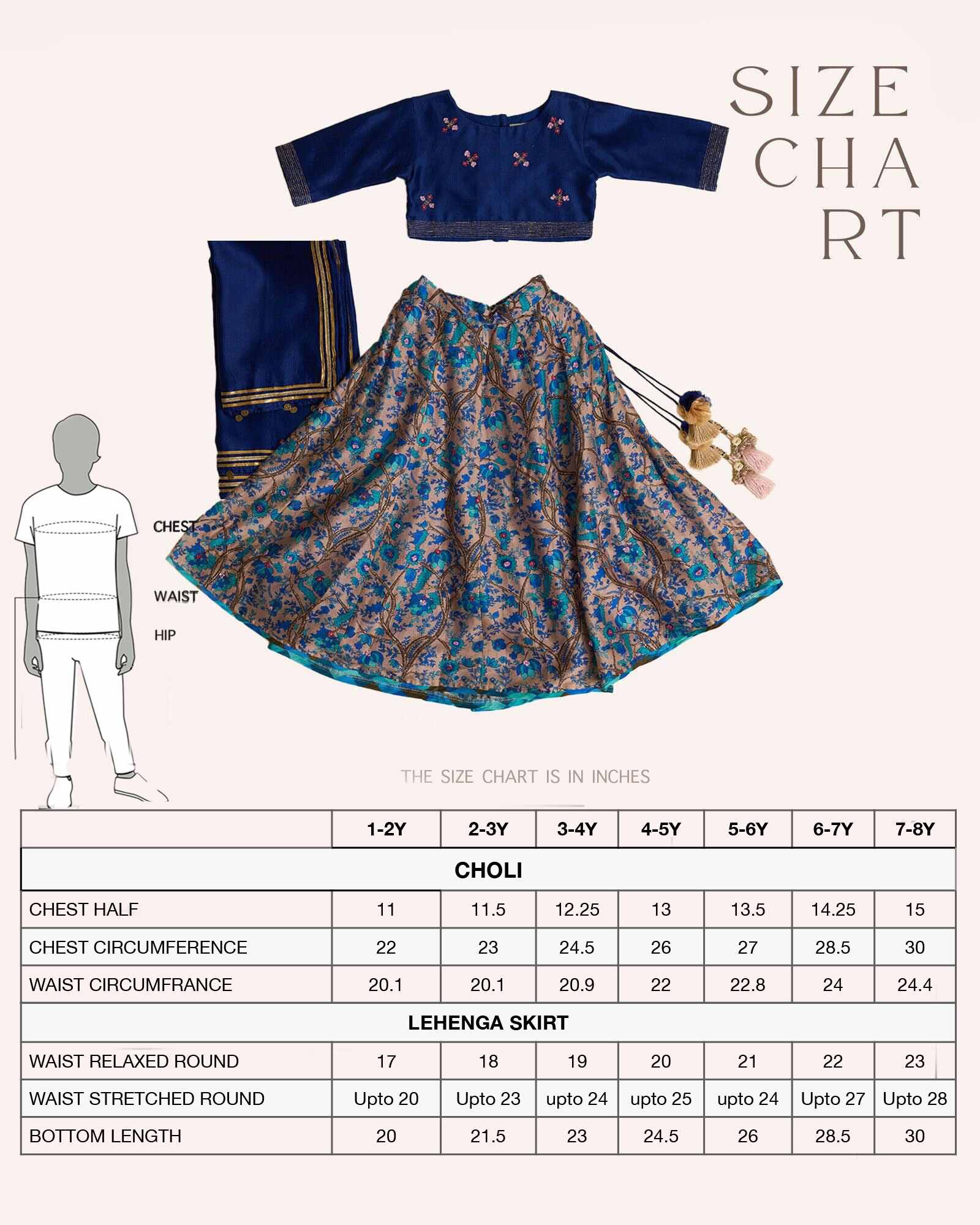 Girl in a midnite blue Midnite Phulwari lehenga embroidered blouse with intricate detailing, paired with a floral printed kids lehenga choli and dupatta with a gold border.