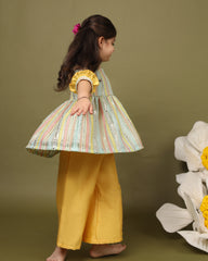 Minty green mirror peplum with bell pants: Chic, comfortable, festive. Intricate mirror work, soft cotton, snap button closure, 3/4 sleeves, trendy checkered dhoti. Perfect for kids! by laadindia.com