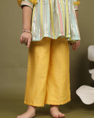 Minty green mirror peplum with bell pants: Chic, comfortable, festive. Intricate mirror work, soft cotton, snap button closure, 3/4 sleeves, trendy checkered dhoti. Perfect for kids!by laadindia.com