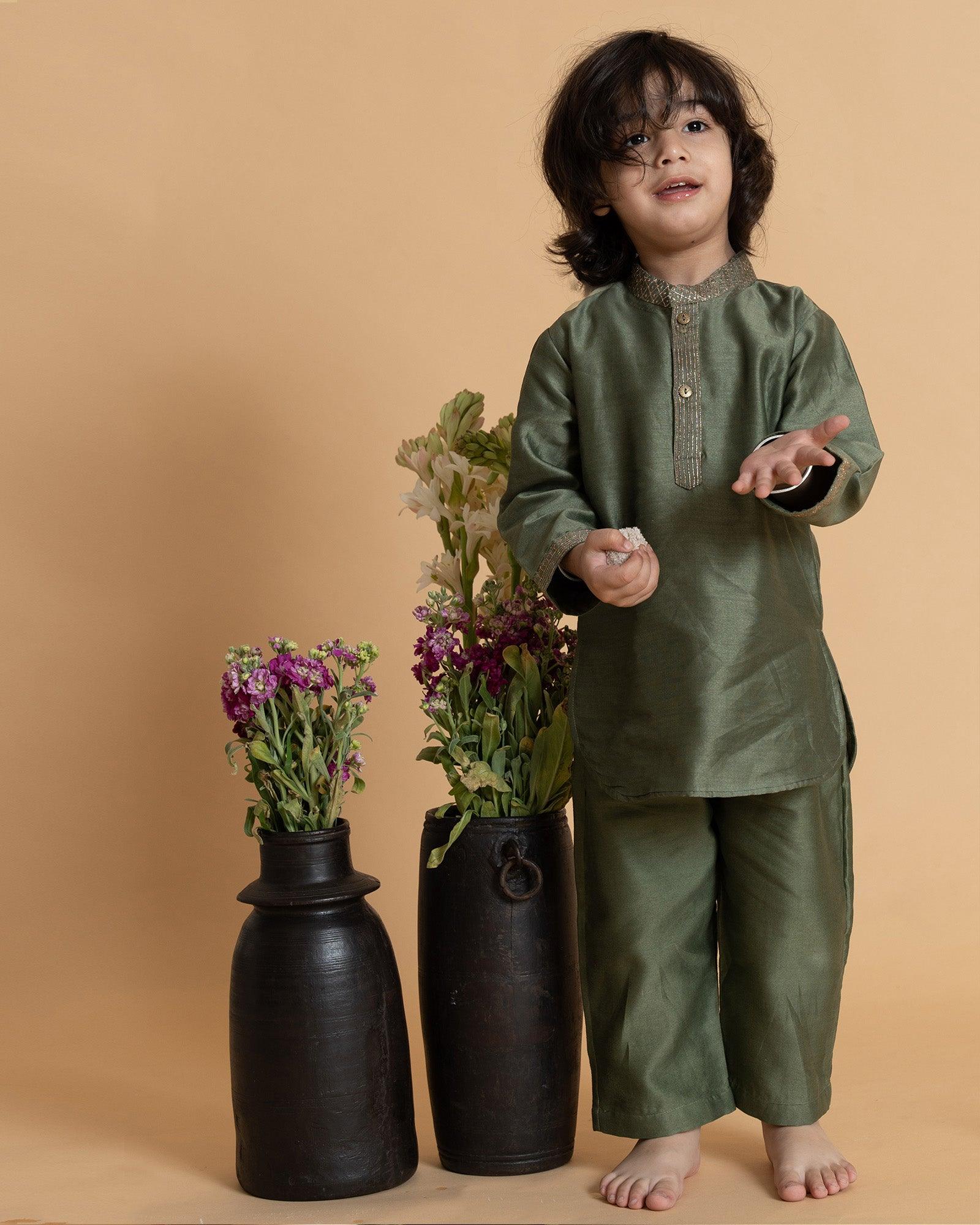 Royal Moss Green Bandhgala Kurta Pyjama - Festive elegance. 2-piece set. Bandhgala collar, full sleeves. Knee-length kurta with badla work. Soft cotton lining perfect for baby skin by laadindia.com