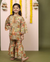 inner royalty with moss green printed sharara. Laad's exquisite set boasts a flared silhouette & delicate gotta patti work. Soft lining for comfort.by laadindia.com
