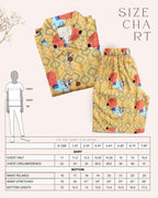 A cheerful boy`s Laad`s co-ord set boy`s shirt and shorts in a vibrant yellow hue, featuring playful deer and geometric prints, a collared button-down shirt, and matching shorts.