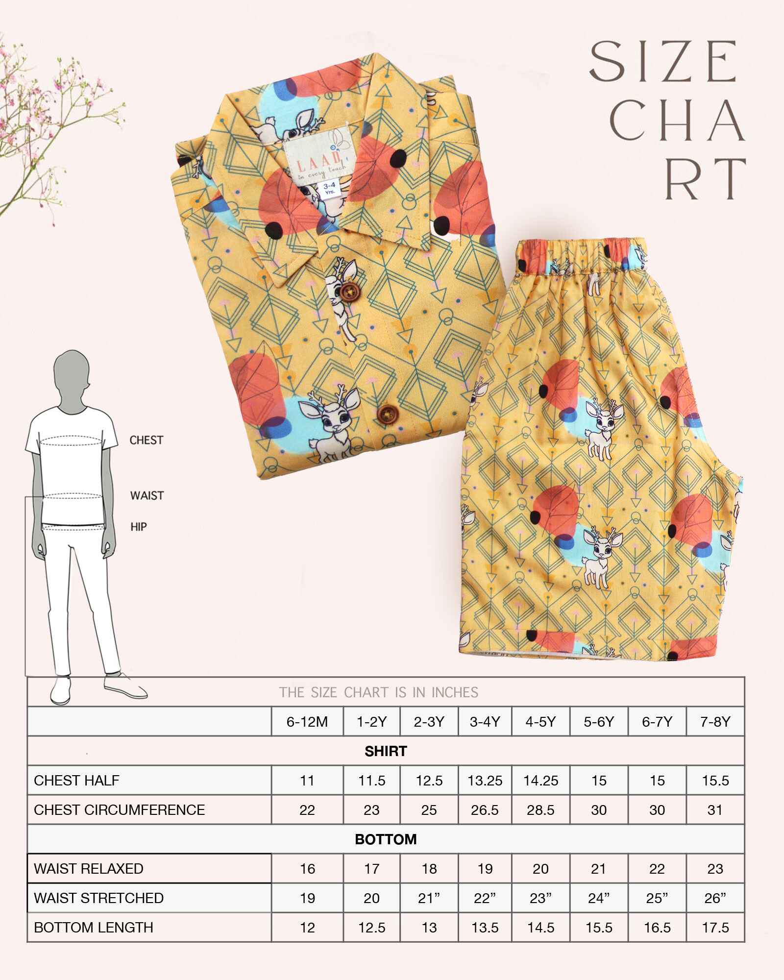 A cheerful boy`s Laad`s co-ord set boy`s shirt and shorts in a vibrant yellow hue, featuring playful deer and geometric prints, a collared button-down shirt, and matching shorts.
