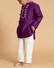 Exquisite hand-stitched Bandhgala luxurious Silk Chanderi- Phulwari Japanese violet kurta and pyjama adorn with delicate hand - embroidery.