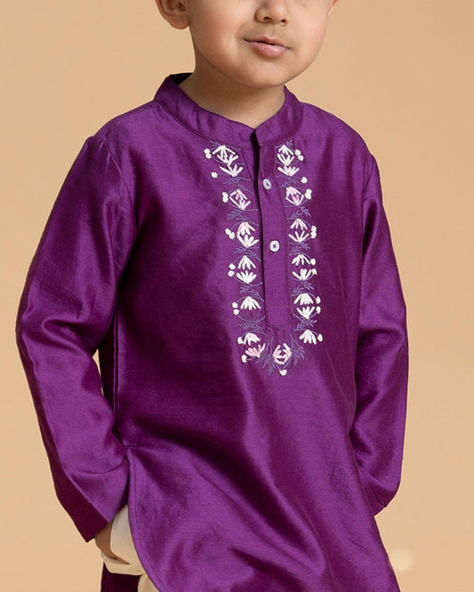 Exquisite hand-stitched Bandhgala luxurious Silk Chanderi- Phulwari Japanese violet kurta and pyjama adorn with delicate hand - embroidery.