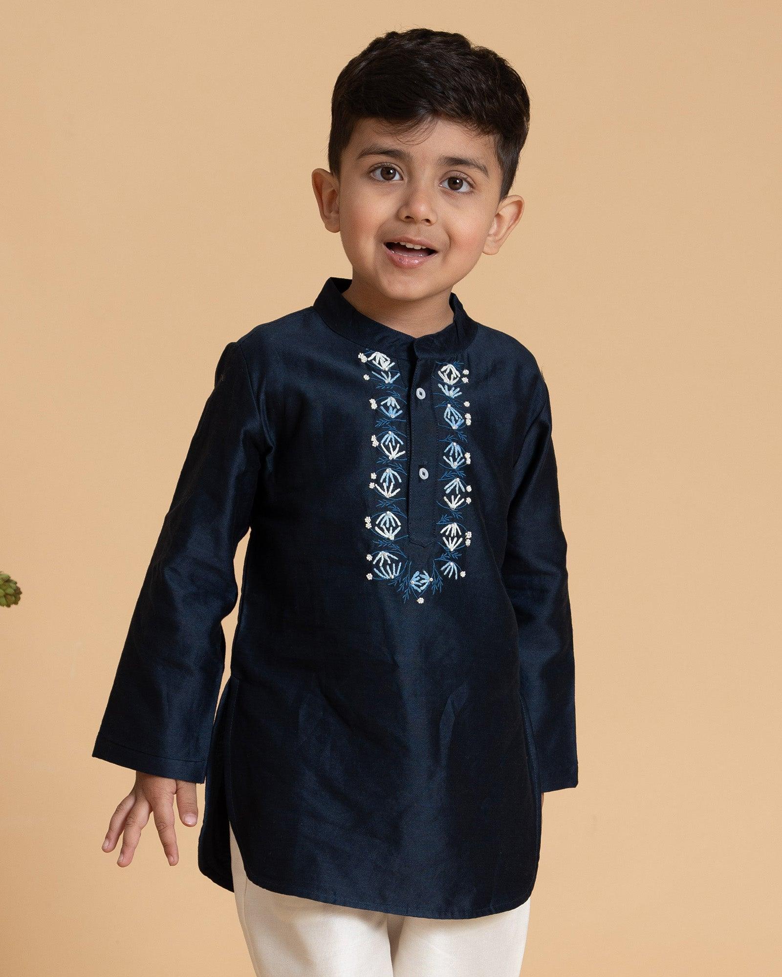 Phulwari Marine Blue kurta pyjama: Royal Bandhgala, hand-embroidered anchors & beads on placket. by laadindia