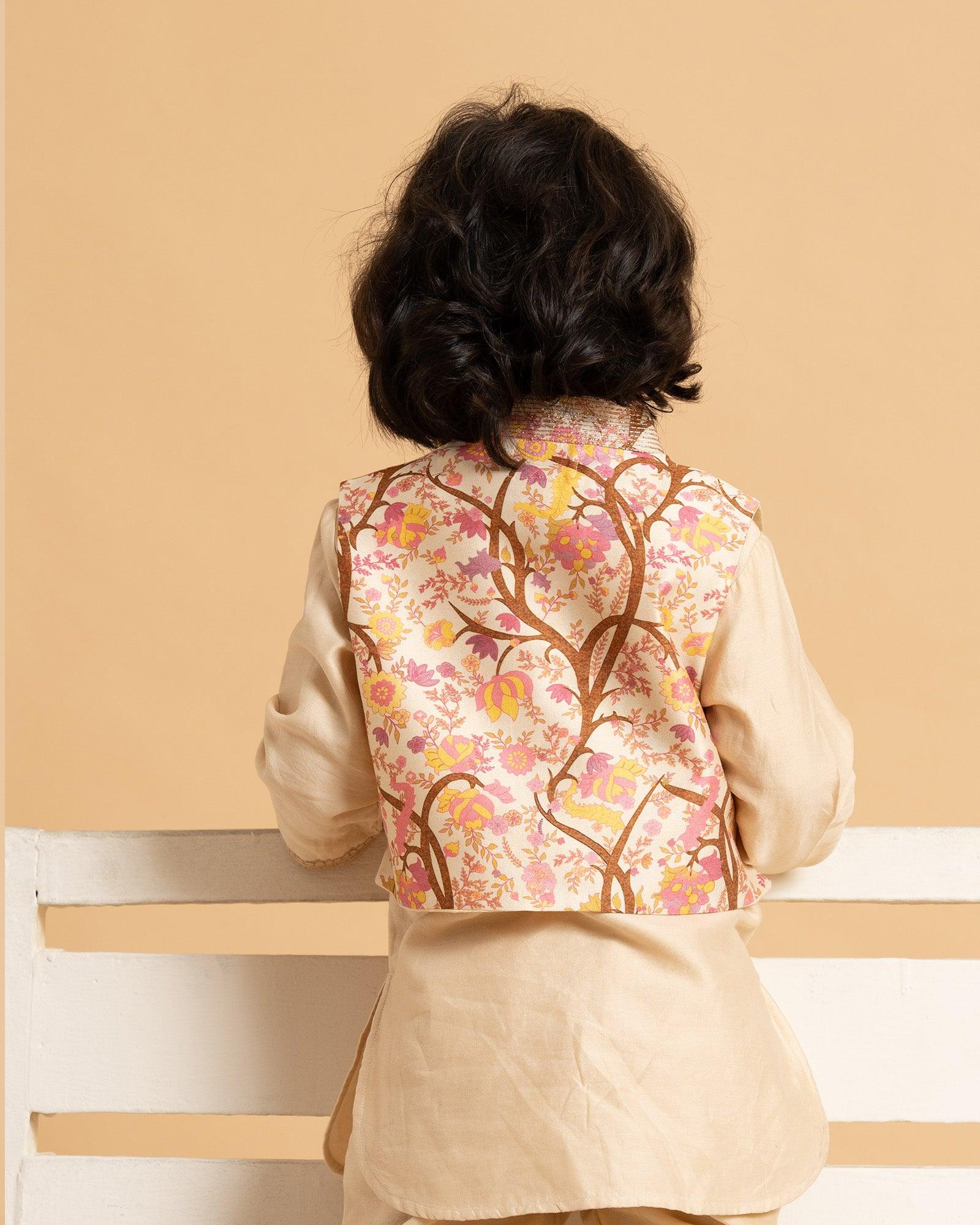 LAAD Kids' Beige Kurta Set with Printed Nehru Jacket – a timeless ethnic ensemble featuring intricate embroidery and a floral jacket for a regal touch
