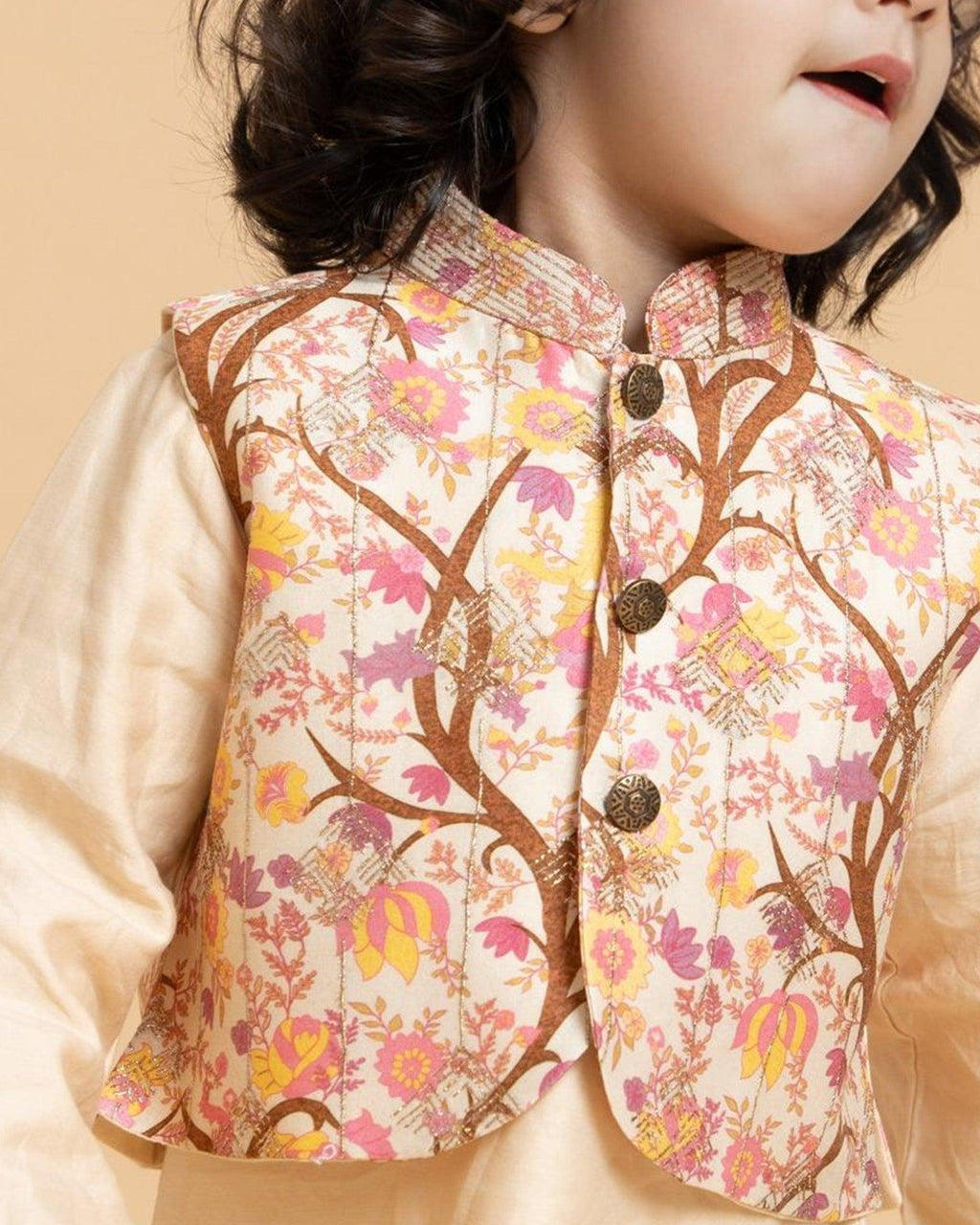 LAAD Kids' Beige Kurta Set with Printed Nehru Jacket – a timeless ethnic ensemble featuring intricate embroidery and a floral jacket for a regal touch