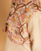 LAAD Kids' Beige Kurta Set with Printed Nehru Jacket – a timeless ethnic ensemble featuring intricate embroidery and a floral jacket for a regal touch