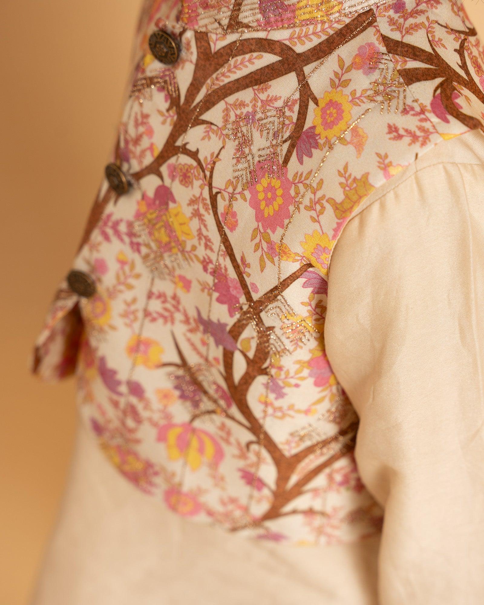 LAAD Kids' Beige Kurta Set with Printed Nehru Jacket – a timeless ethnic ensemble featuring intricate embroidery and a floral jacket for a regal touch