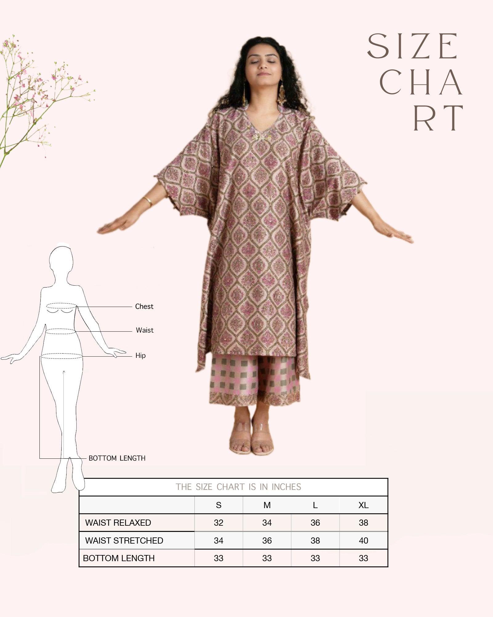Phulwari's kaftan: V-neck & ambi-inspired print. Delicate embroidery, sleeve details. Flowing checkered palazzos. Comfy & stylish perfect festive wear