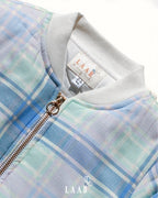 Boy kid wearing plaid check bomber jacket in soft cotton , perfect winter wear .