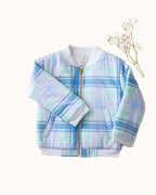 Boy kid wearing plaid check bomber jacket in soft cotton , perfect winter wear .