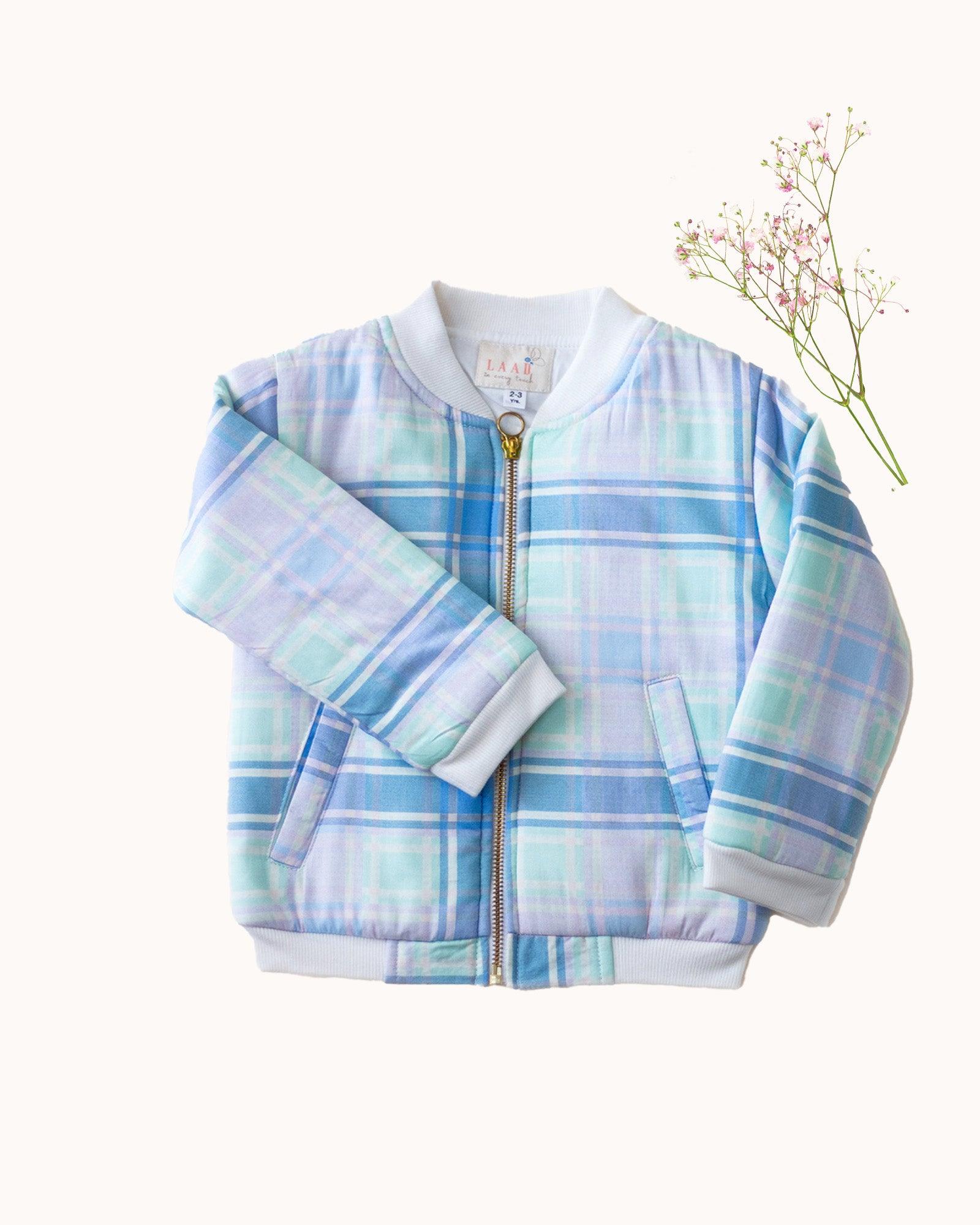 Boy kid wearing plaid check bomber jacket in soft cotton , perfect winter wear .