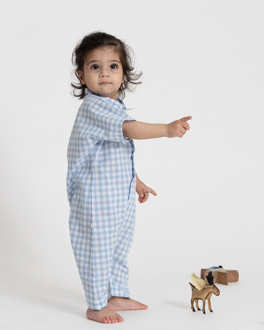 LAAD Kids' Blue Gingham Romper – a soft, breathable one-piece with button-down front and pocket detail, perfect for all-day comfort!