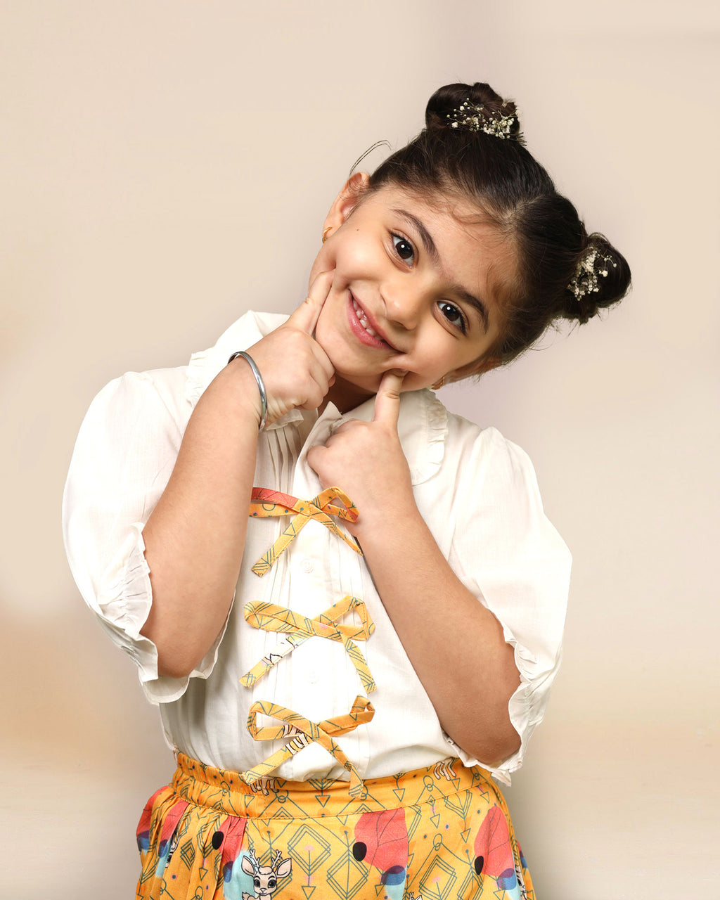 LAAD Kids' White Bow-Tie Shirt & Reindeer Printed Bloomer Set – a charming outfit with puff sleeves and playful reindeer prints!