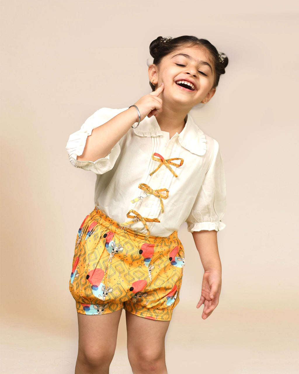 LAAD Kids' White Bow-Tie Shirt & Reindeer Printed Bloomer Set – a charming outfit with puff sleeves and playful reindeer prints!