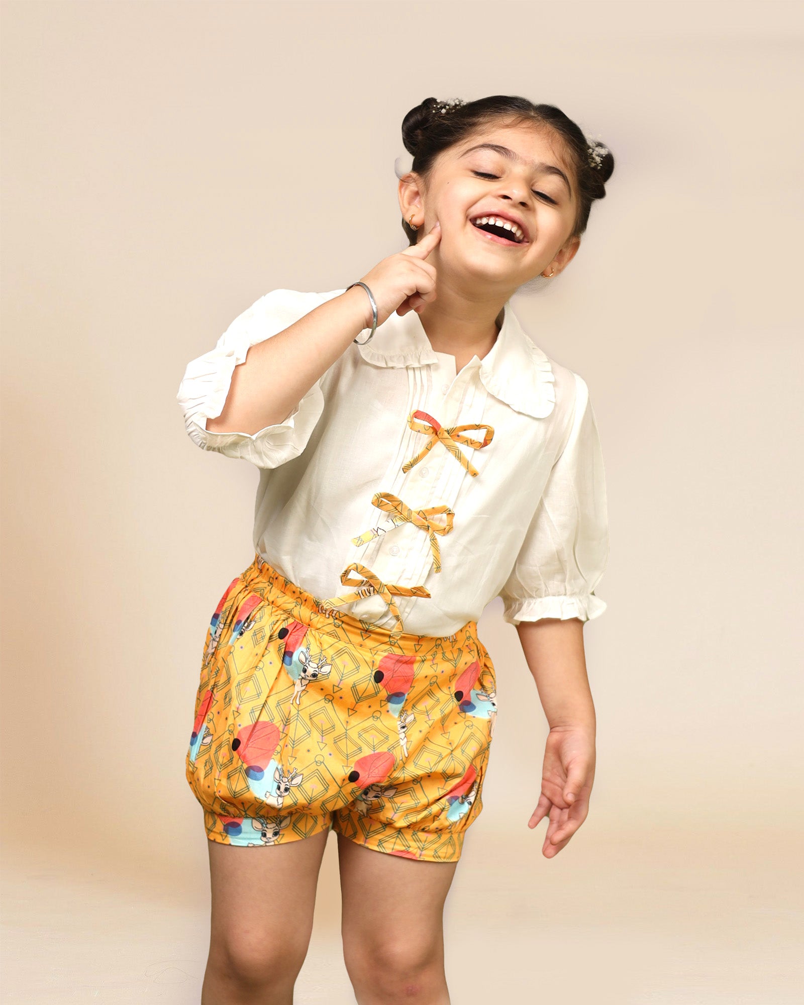 LAAD Kids' White Bow-Tie Shirt & Reindeer Printed Bloomer Set – a charming outfit with puff sleeves and playful reindeer prints!